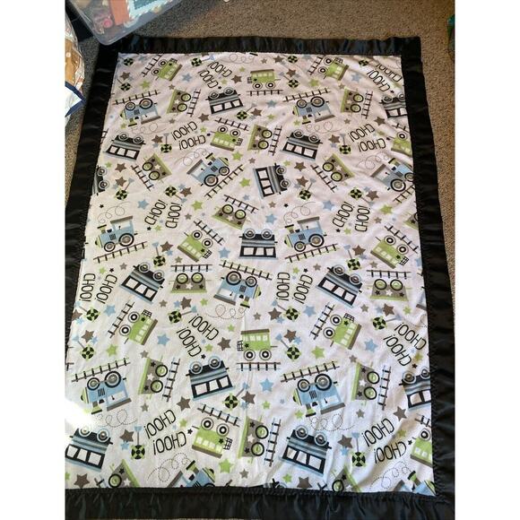 Baby Toddler Fleece Blanket Satin Black White Green Choo Choo Train Soft 30”x40” - Picture 3 of 5